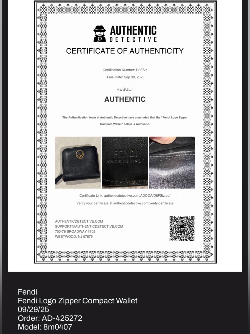 Fendi Black Bifold Leather Wallet Snap Zip Closure 8M0407 Includes COA - Picture 16 of 16
